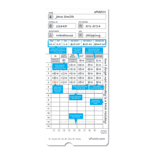 Image of uPunch Time Clock Cards For Upunch Hn2000/hn4000/hn4600, Two Sides, 7.5 X 3.5, 100/pack