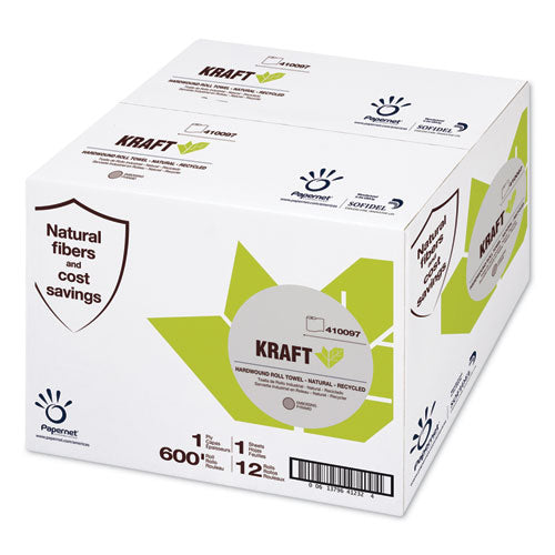 Image of Papernet® Kraft Tech Hardwound Roll Towel, Kraft, 1-Ply, 7.8" x 600 ft, Brown, 12 Rolls/Carton