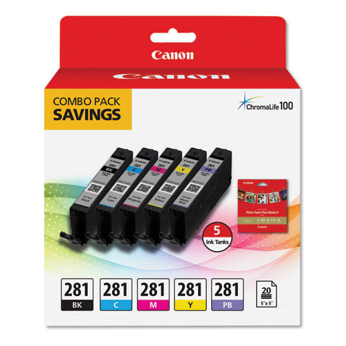 Image of Canon® 2091c006 (cli-281) Chromalife100 Ink/paper Combo, Black/blue/cyan/magenta/yellow