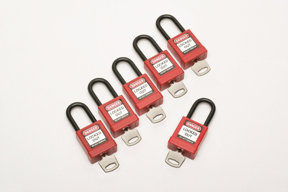 Image of Skilcraft Lockout Safety Padlock, Aluminum, Steel Shackle, 1-1/2" x 1/2" x 3/4", Keyed Alike, Red, Package of 6