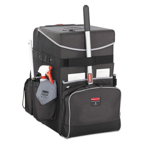 Image of Rubbermaid® Commercial Executive Quick Clean Janitorial Cart, Synthetic Fabric, 16 Compartments, 14.25" x 16.5" x 25", Dark Gray
