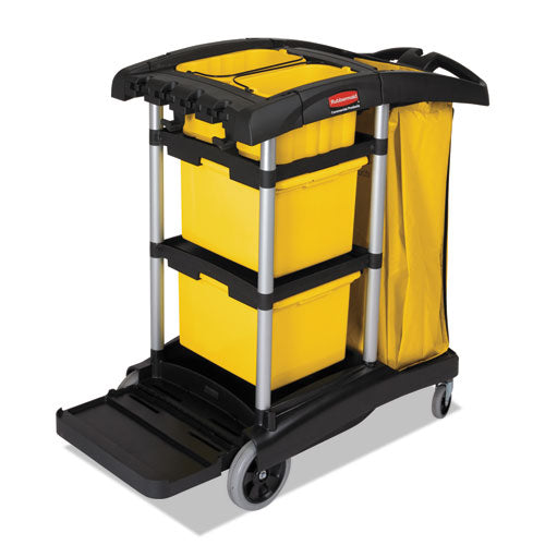 Image of Rubbermaid® Commercial High Capacity Cleaning Cart, Plastic, 4 Shelves, 2 Bins, 21.75" x 49.75" x 38.38", Black