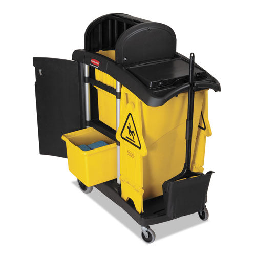 Image of Rubbermaid® Commercial High Capacity Cleaning Cart, Plastic, 4 Shelves, 2 Bins, 21.75" x 49.75" x 38.38", Black
