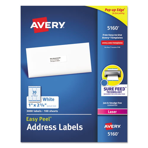Image of Avery® Easy Peel White Address Labels W/ Sure Feed Technology, Laser Printers, 1 X 2.63, White, 30/sheet, 100 Sheets/box