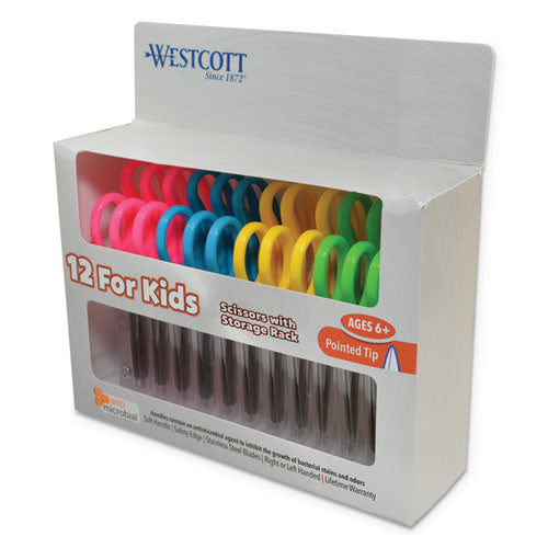 Image of Westcott® Kids' Scissors with Antimicrobial Protection, Pointed Tip, 5" Long, 2" Cut Length, Straight Assorted Color Handles, 12/Pack