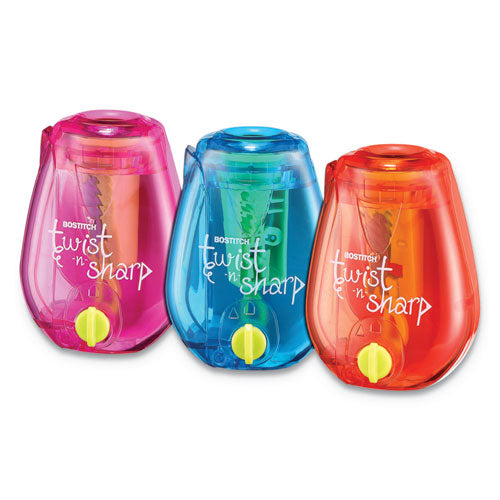 Image of Bostitch® Twist-N-Sharp Pencil Sharpener, One-Hole, 3.5 X 1.25 X 5.5, Randomly Assorted Colors, 6/pack