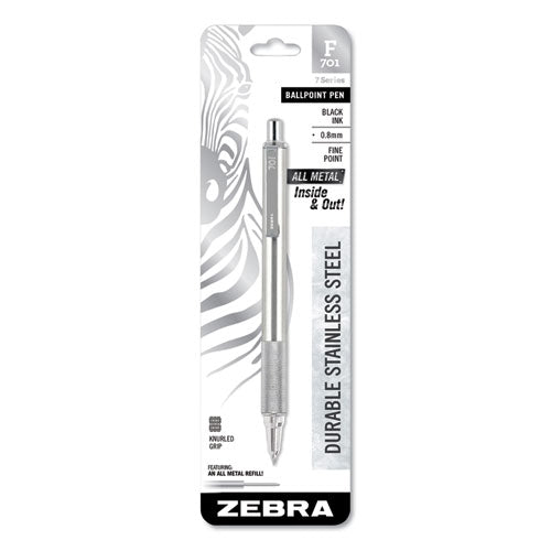 Image of Zebra® F-701 Ballpoint Pen, Retractable, Fine 0.7 Mm, Black Ink, Stainless Steel/black Barrel