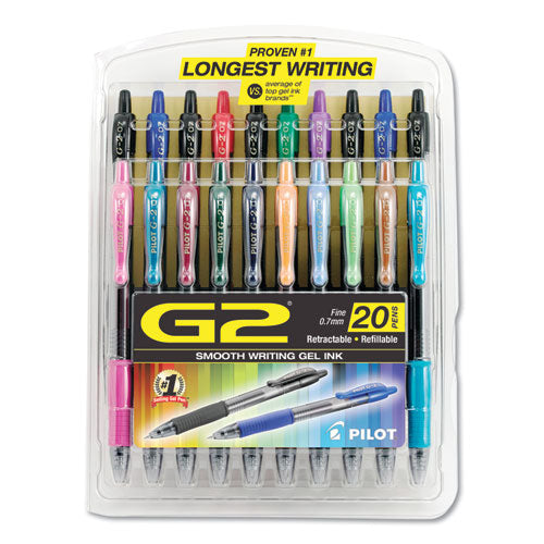 Image of Pilot® G2 Premium Gel Pen Convenience Pack, Retractable, Fine 0.7 mm, Assorted Ink and Barrel Colors, 20/Pack