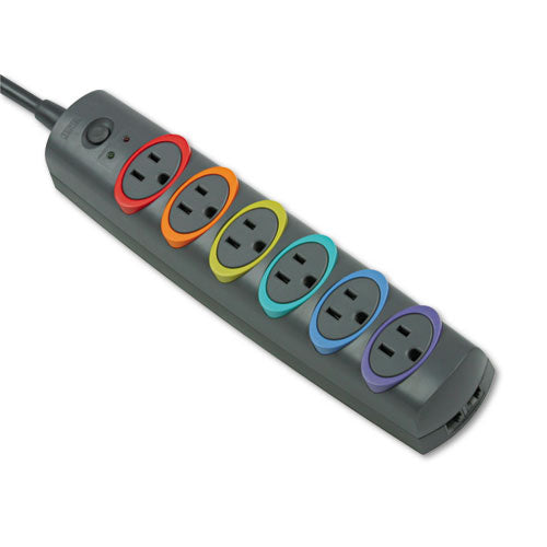 Image of Kensington® SmartSockets Color-Coded Strip Surge Protector, 6 AC Outlets, 8 ft Cord, 1,260 J, Black