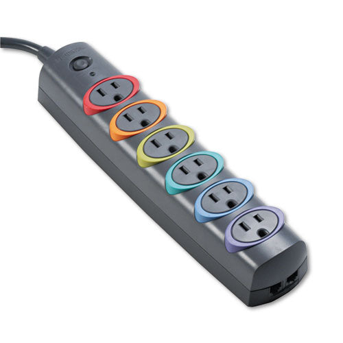 Image of Kensington® SmartSockets Color-Coded Strip Surge Protector, 6 AC Outlets, 6 ft Cord, 670 J, Gray