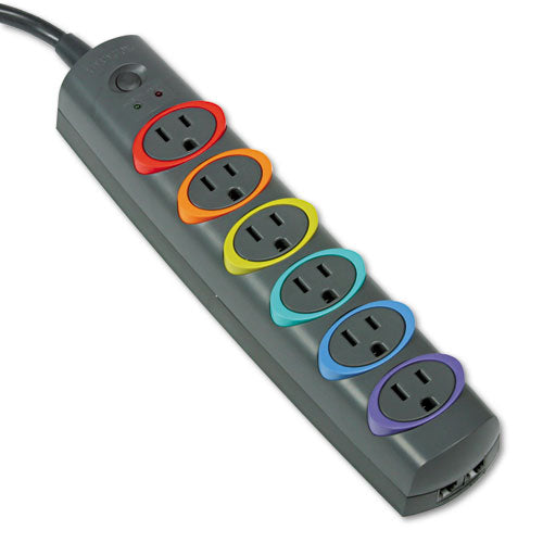 Image of Kensington® SmartSockets Color-Coded Strip Surge Protector, 6 AC Outlets, 7 ft Cord, 945 J, Black