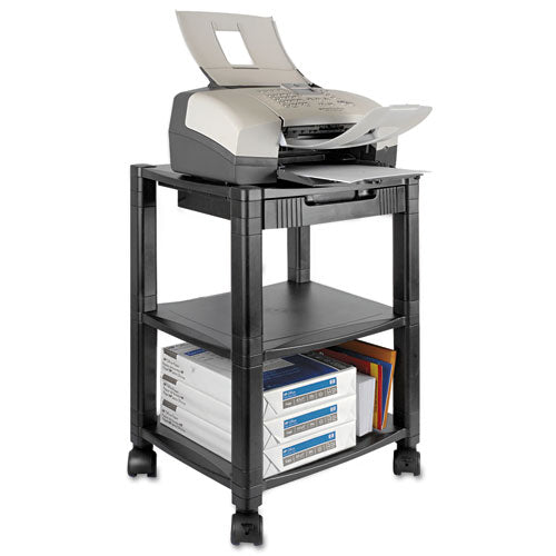 Image of Kantek Height-Adjustable Deskside Printer Cart, Plastic, 3 Shelves, 1 Drawer, 75 lb Capacity, 17" x 13.25" x 24.5", Black
