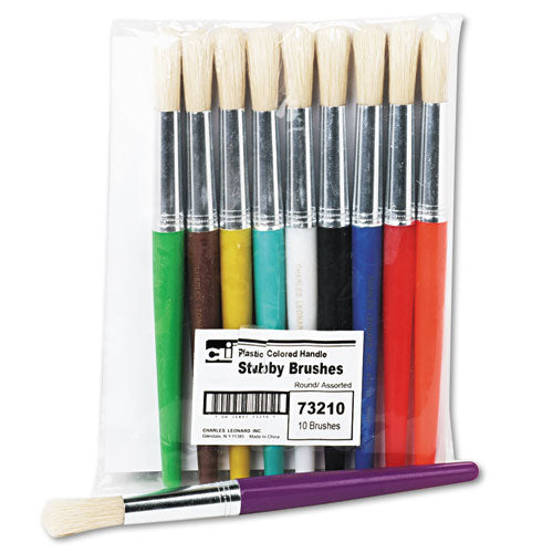 Image of Charles Leonard® Stubby Brush Set, Natural Bristle, Round Profile, 10/set