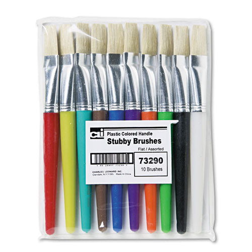 Image of Charles Leonard® Stubby Brush Set, Natural Bristle, Flat Profile, 10/set