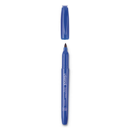 Image of Universal Pen-Style Permanent Marker, Fine Bullet Tip, Blue, Dozen