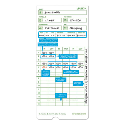 Image of uPunch Time Clock Cards For Upunch Hn1000/hn3000/hn3600, Two Sides, 7.5 X 3.5, 100/pack