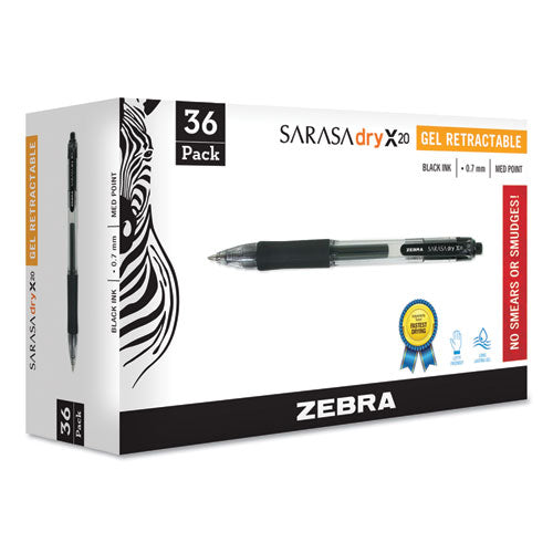 Image of Zebra® Sarasa Dry Gel X20 Gel Pen, Retractable, Medium 0.7 mm, Black Ink, Clear/Black Barrel, 36/Pack