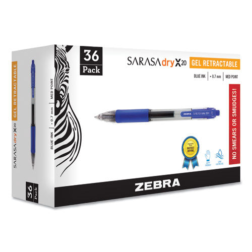 Image of Zebra® Sarasa Dry Gel X20 Gel Pen, Retractable, Medium 0.7 mm, Blue Ink, Clear/Blue Barrel, 36/Pack