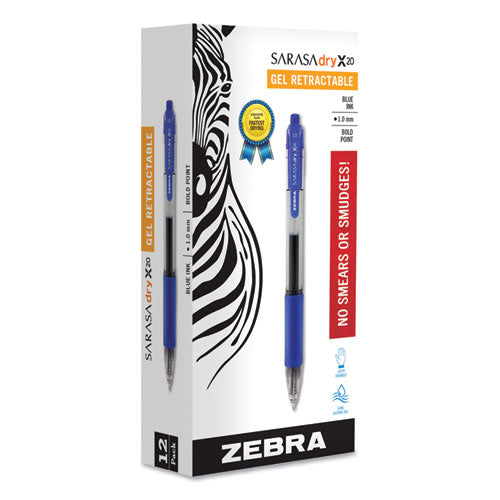 Image of Zebra® Sarasa Dry Gel X20 Gel Pen, Retractable, Bold 1 mm, Blue Ink, Clear/Blue Barrel, 12/Pack