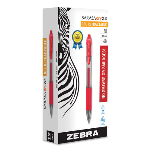 Image of Zebra® Sarasa Dry Gel X20 Gel Pen, Retractable, Fine 0.5 mm, Red Ink, Clear/Red Barrel, 12/Pack