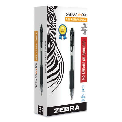 Image of Zebra® Sarasa Dry Gel X20 Gel Pen, Retractable, Medium 0.7 mm, Black Ink, Clear/Black Barrel, 12/Pack