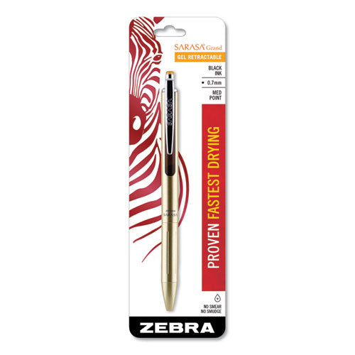 Image of Zebra® Sarasa Grand Gel Pen, Retractable, Fine 0.7 mm, Black Ink, Gold/Translucent Black Barrel