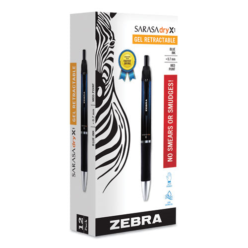 Image of Zebra® Sarasa Dry Gel X1 Gel Pen, Retractable, Medium 0.7 mm, Blue Ink, Blue Barrel, 12/Pack