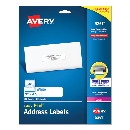 Image of Avery® Easy Peel White Address Labels W/ Sure Feed Technology, Laser Printers, 1 X 4, White, 20/sheet, 25 Sheets/pack