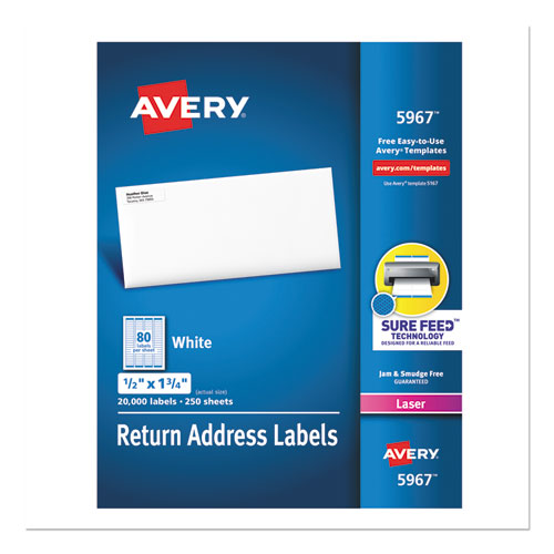 Image of Avery® White Address Labels W/ Sure Feed Technology For Laser Printers, Laser Printers, 0.5 X 1.75, White, 80/sheet, 250 Sheets/box