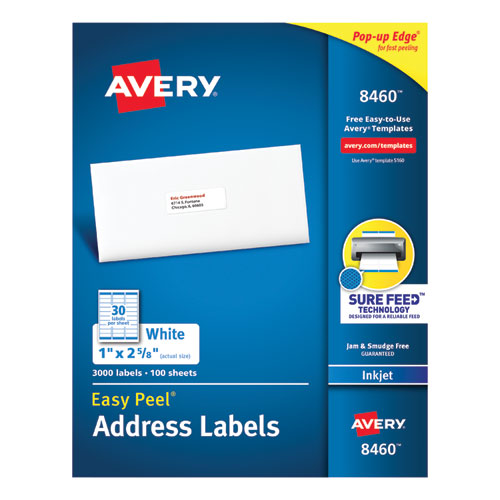 Image of Avery® Easy Peel White Address Labels W/ Sure Feed Technology, Inkjet Printers, 1 X 2.63, White, 30/sheet, 100 Sheets/box