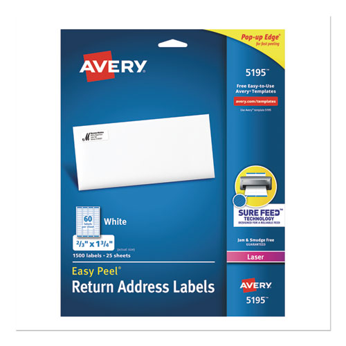 Image of Avery® Easy Peel White Address Labels W/ Sure Feed Technology, Laser Printers, 0.66 X 1.75, White, 60/sheet, 25 Sheets/pack