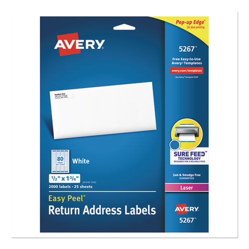 Image of Avery® Easy Peel White Address Labels W/ Sure Feed Technology, Laser Printers, 0.5 X 1.75, White, 80/sheet, 25 Sheets/pack