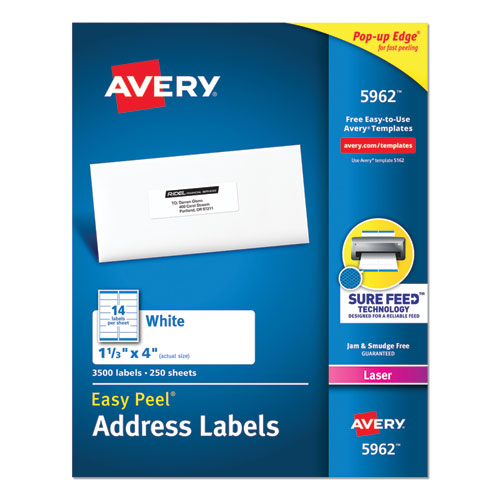 Image of Avery® Easy Peel White Address Labels W/ Sure Feed Technology, Laser Printers, 1.33 X 4, White, 14/sheet, 250 Sheets/box