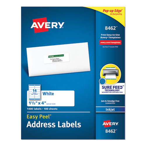 Image of Avery® Easy Peel White Address Labels W/ Sure Feed Technology, Inkjet Printers, 1.33 X 4, White, 14/sheet, 100 Sheets/box