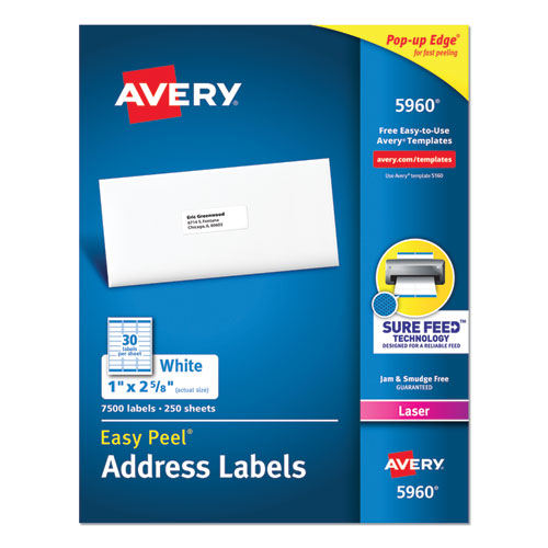 Image of Avery® Easy Peel White Address Labels W/ Sure Feed Technology, Laser Printers, 1 X 2.63, White, 30/sheet, 250 Sheets/pack