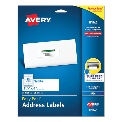 Image of Avery® Easy Peel White Address Labels W/ Sure Feed Technology, Inkjet Printers, 1.33 X 4, White, 14/sheet, 25 Sheets/pack