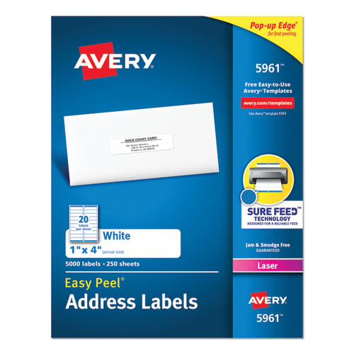 Image of Avery® Easy Peel White Address Labels W/ Sure Feed Technology, Laser Printers, 1 X 4, White, 20/sheet, 250 Sheets/box