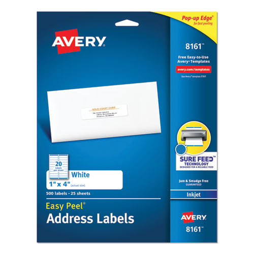 Image of Avery® Easy Peel White Address Labels W/ Sure Feed Technology, Inkjet Printers, 1 X 4, White, 20/sheet, 25 Sheets/pack