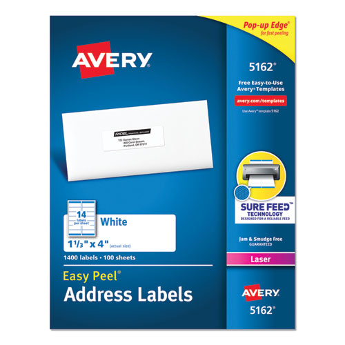 Image of Avery® Easy Peel White Address Labels W/ Sure Feed Technology, Laser Printers, 1.33 X 4, White, 14/sheet, 100 Sheets/box