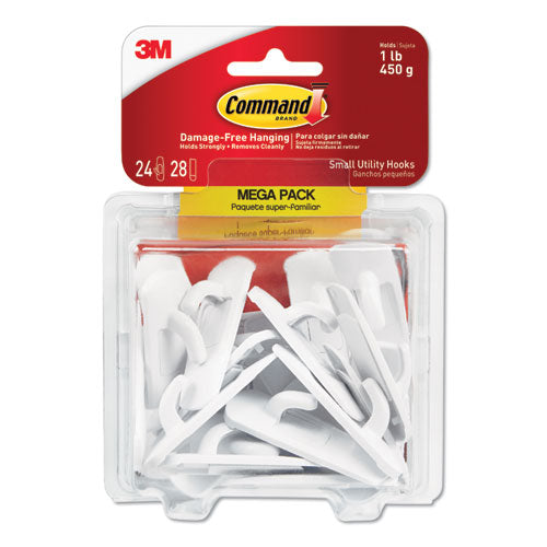Image of Command General Purpose Hooks, Small, Plastic, White, 1 lb Capacity, 24 Hooks and 28 Strips/Pack