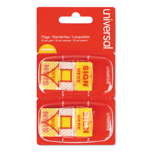 Image of Universal® Arrow Page Flags, "Sign Here", Yellow/Red, 50 Flags/Dispenser, 2 Dispensers/Pack