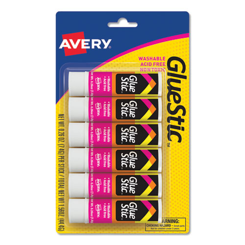 Image of Avery® Permanent Glue Stic Value Pack, 0.26 Oz, Applies White, Dries Clear, 6/pack