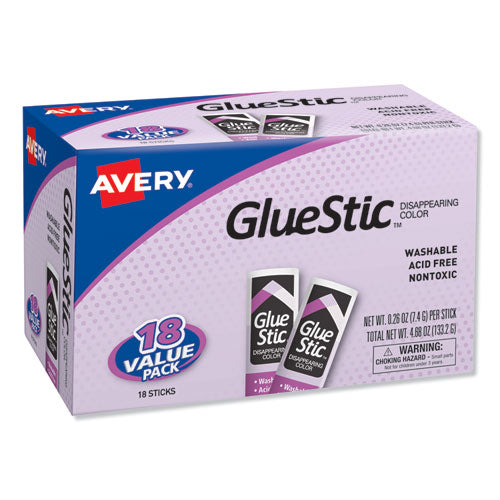 Image of Avery® Permanent Glue Stic Value Pack, 0.26 Oz, Applies Purple, Dries Clear, 18/pack