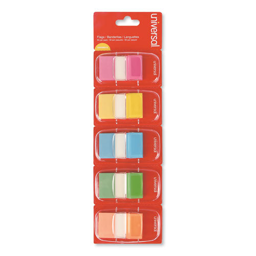 Image of Universal® Deluxe Pop-Up Page Flags, 1 x 1.75, Five Assorted Colors, 50 Flags/Dispenser, 5 Dispensers/Pack