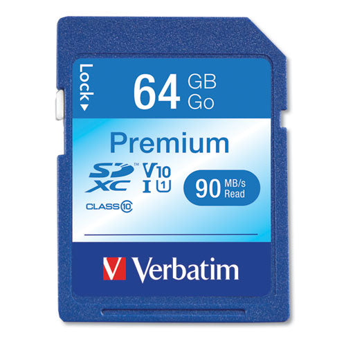Image of Verbatim® 64gb Premium Sdxc Memory Card, Uhs-I V10 U1 Class 10, Up To 90mb/s Read Speed