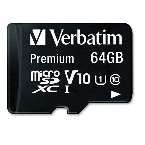 Image of Verbatim® 64gb Premium Microsdxc Memory Card With Adapter, Uhs-I V10 U1 Class 10, Up To 90mb/s Read Speed