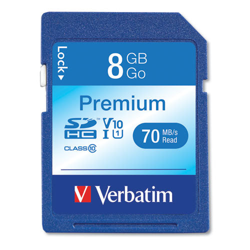 Image of Verbatim® 8gb Premium Sdhc Memory Card, Uhs-1 V10 U1 Class 10, Up To 70mb/s Read Speed