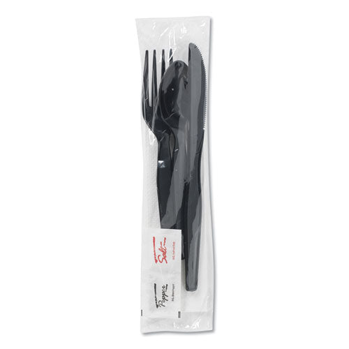 Image of Dixie® Wrapped Tableware/Napkin Packets, Mediumweight, Fork/Knife/Napkin/Spoon, Plastic, Black, 250/Carton