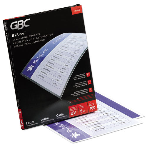 Image of GBC® Ezuse Thermal Laminating Pouches, 3 Mil, 9" X 11.5", Gloss Clear, 100/box