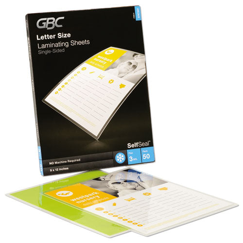 Image of GBC® Selfseal Self-Adhesive Laminating Pouches And Single-Sided Sheets, 3 Mil, 9" X 12", Gloss Clear, 50/pack
